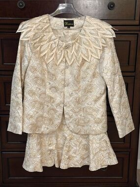 Elegant Cream and Gold Floral Blazer and Skirt Set